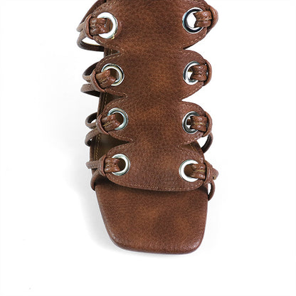 HUGO-60 BROWN FAUX LEATHER STRAP UP OPEN TOE GLADIATOR STILETTO WITH GROMMET DETAIL