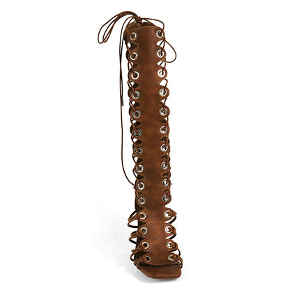 HUGO-60 BROWN FAUX LEATHER STRAP UP OPEN TOE GLADIATOR STILETTO WITH GROMMET DETAIL