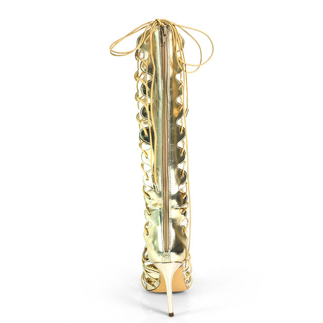 HUGO-60 GOLD FAUX LEATHER STRAP UP OPEN TOE GLADIATOR STILETTO WITH GROMMET DETAIL