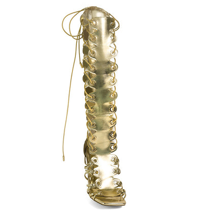 HUGO-60 GOLD FAUX LEATHER STRAP UP OPEN TOE GLADIATOR STILETTO WITH GROMMET DETAIL