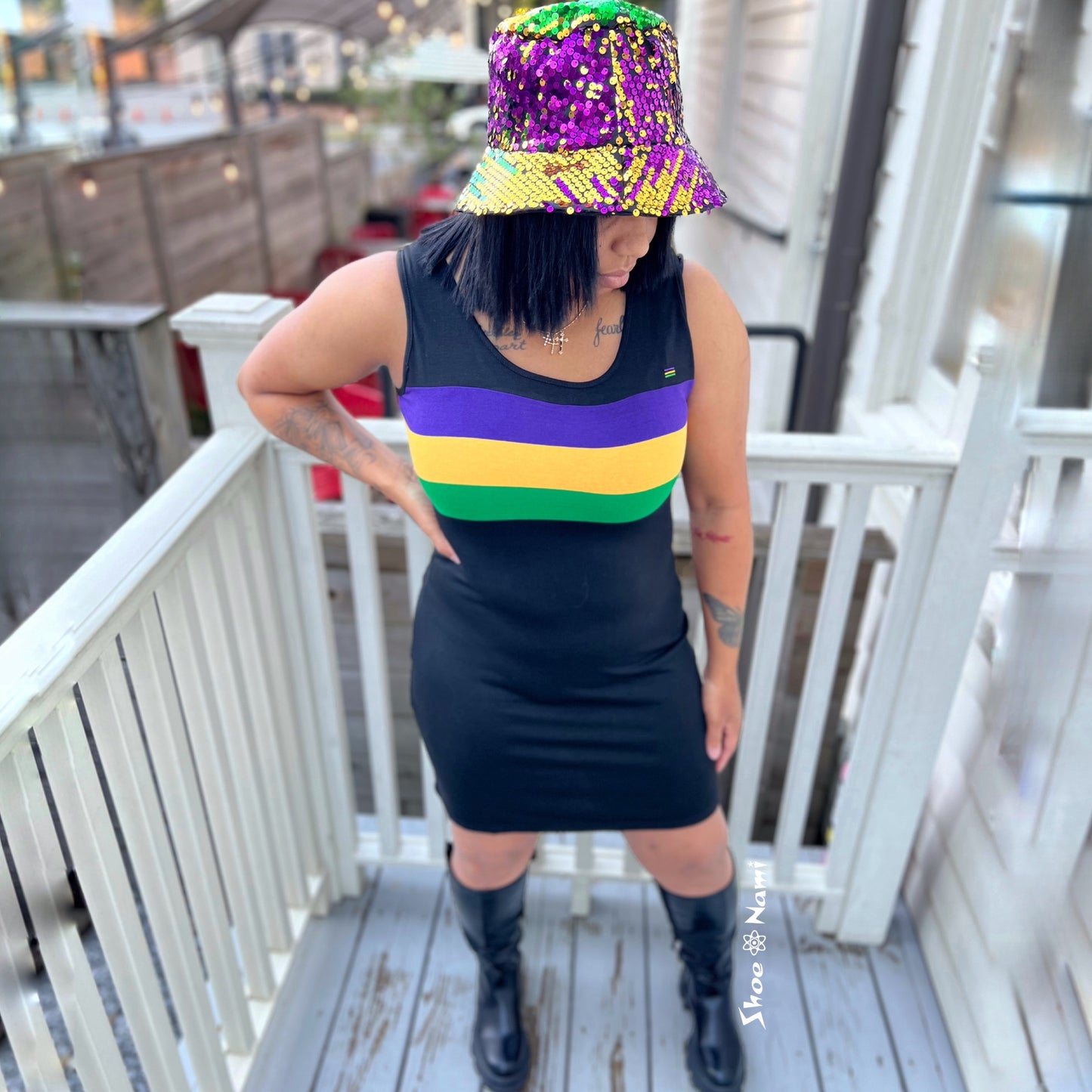 SLEEVELESS STRIPED MARDI GRAS DRESS Black Multi - ShoeNami