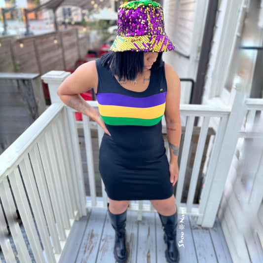 SLEEVELESS STRIPED MARDI GRAS DRESS Black Multi - ShoeNami