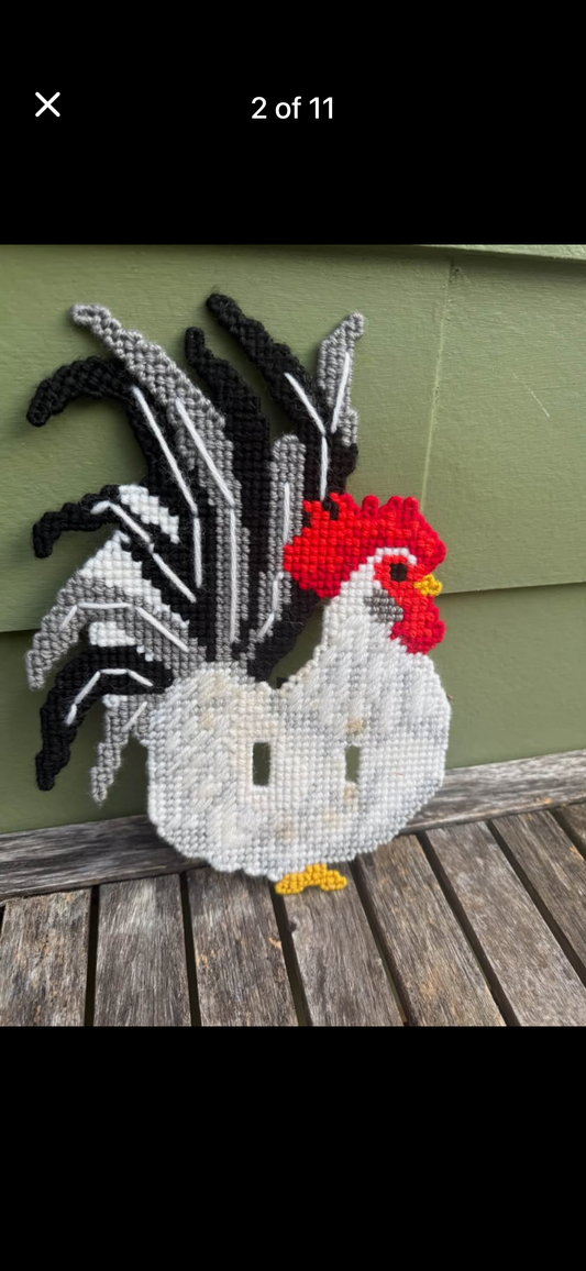 Vintage Light Switch Cover Rooster Chicken Cross Stitch Folk Cottagecore