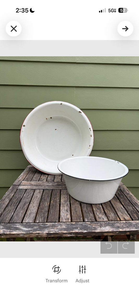 Vintage Pair Large Enamelware Basins Tubs Bowls Rustic Cottagecore Farmhouse