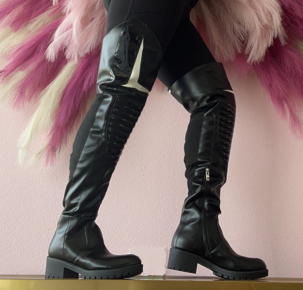Combat Boots Flat Leather Thigh High Boots NORRIS-1 Black Faux