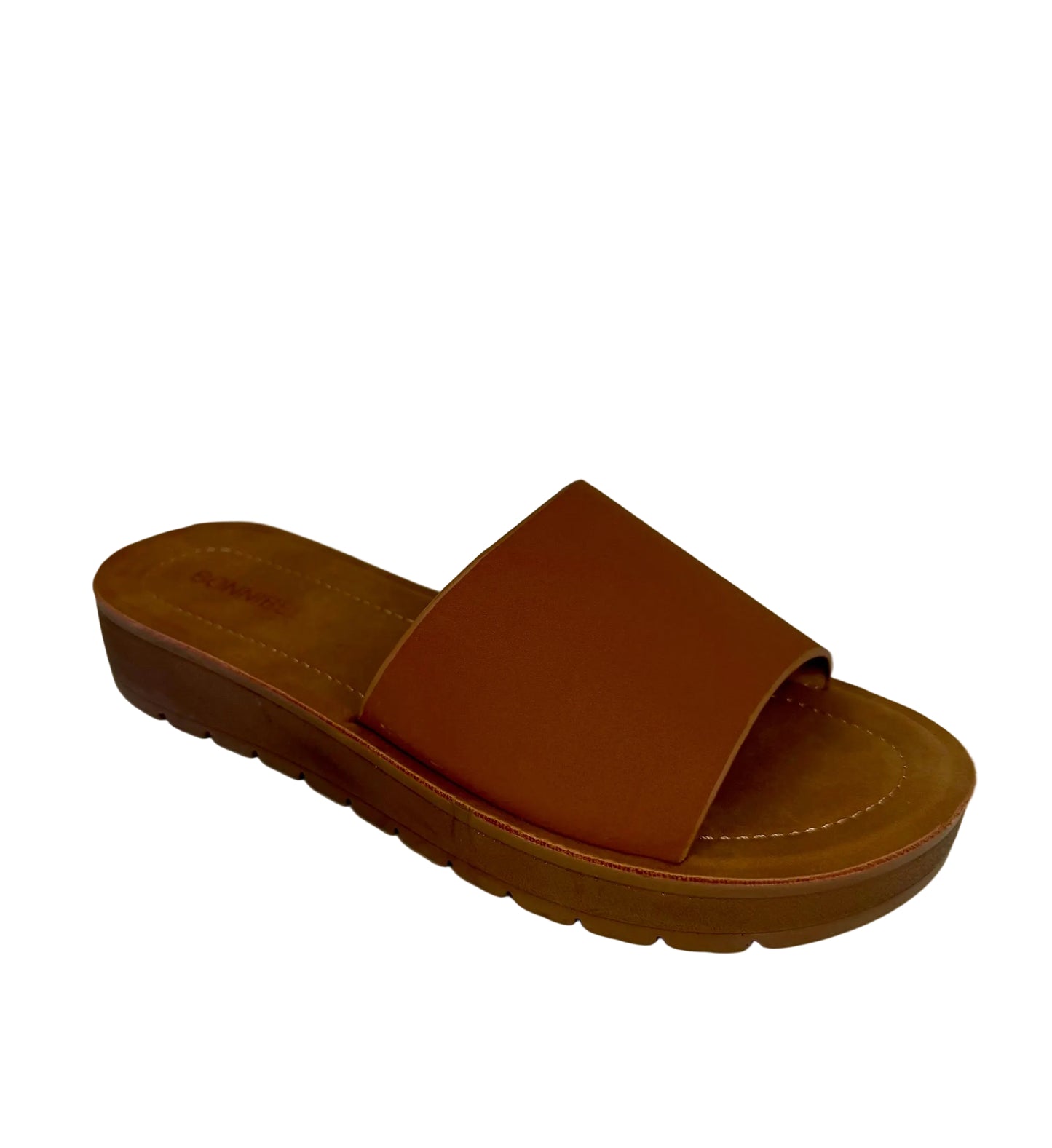 MARLEE-1 TAN SLIP ON FAUX LEATHER SANDALS