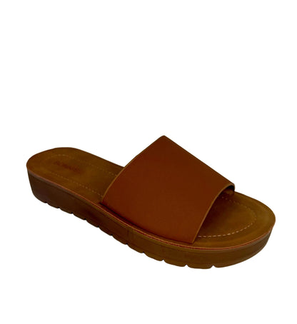 MARLEE-1 TAN SLIP ON FAUX LEATHER SANDALS