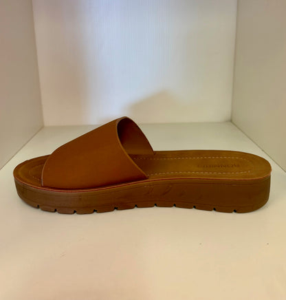 MARLEE-1 TAN SLIP ON FAUX LEATHER SANDALS