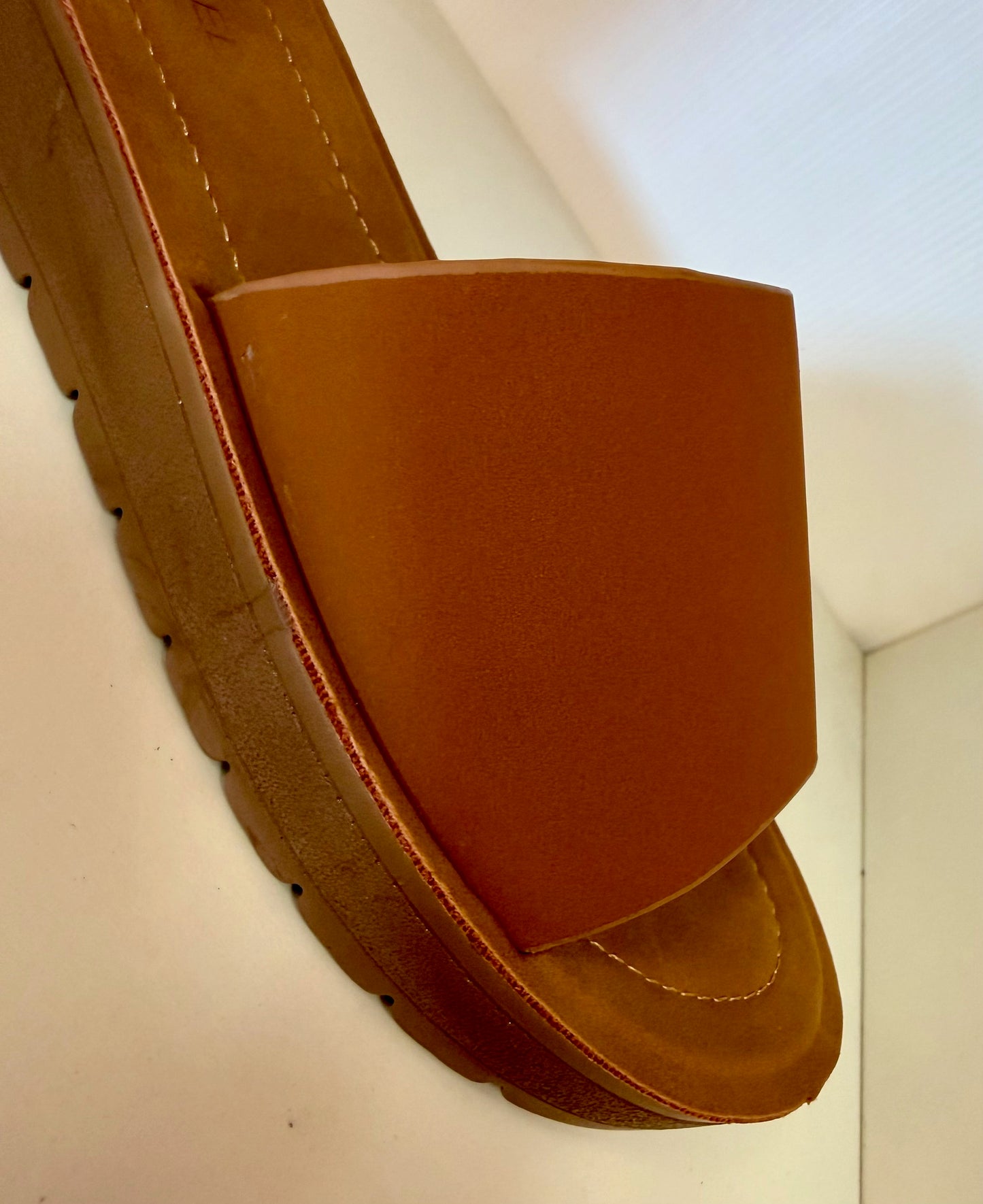 MARLEE-1 TAN SLIP ON FAUX LEATHER SANDALS