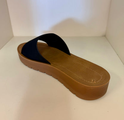 MARLEE-1 BLACK SLIP ON FAUX LEATHER SANDALS