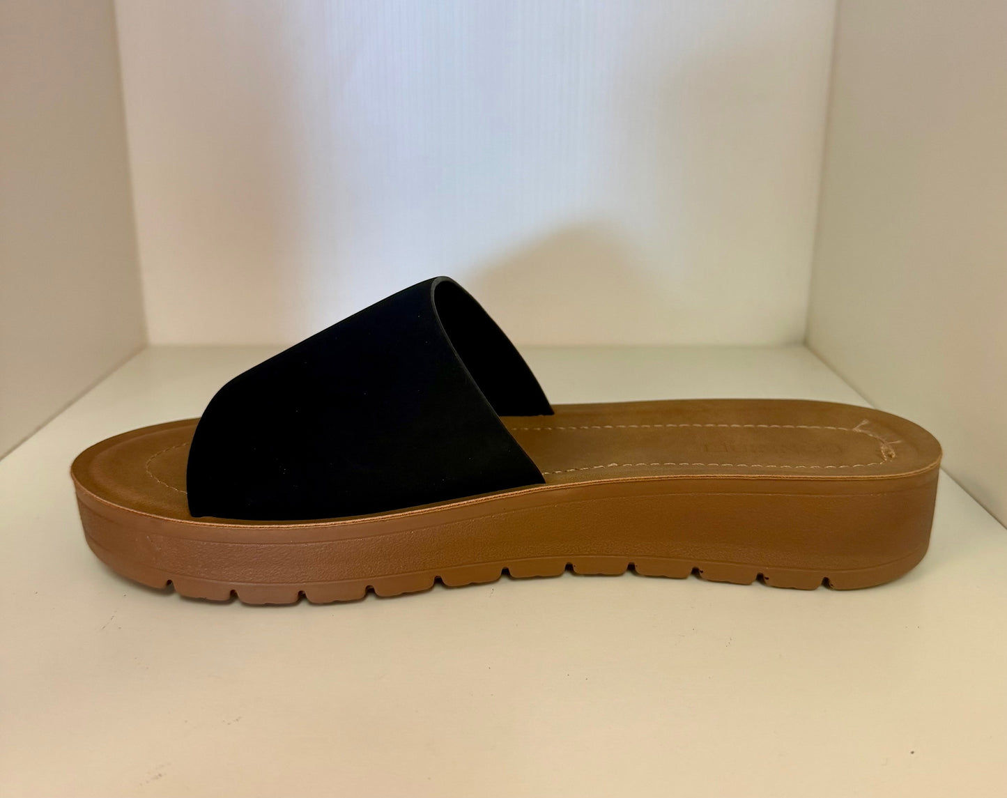 MARLEE-1 BLACK SLIP ON FAUX LEATHER SANDALS