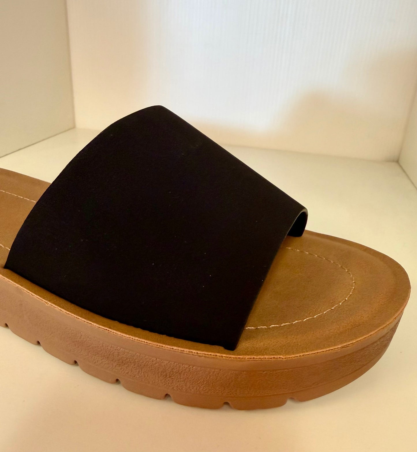MARLEE-1 BLACK SLIP ON FAUX LEATHER SANDALS