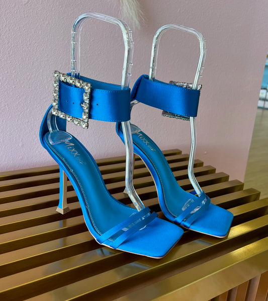 NAVI Royal Blue Satin Heels with Large Rhinestone Buckle Ankle Strap