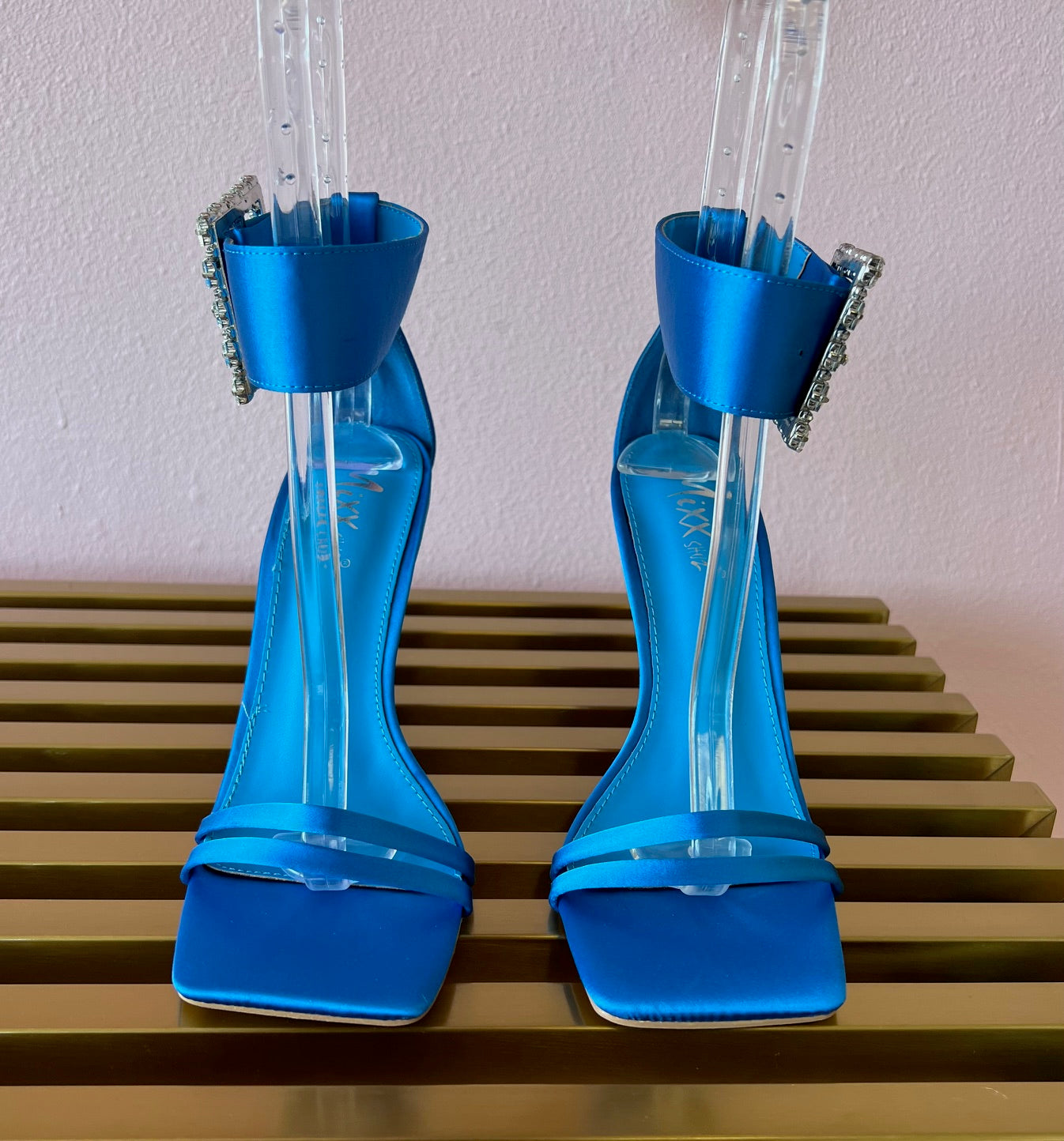 NAVI Royal Blue Satin Heels with Large Rhinestone Buckle Ankle Strap