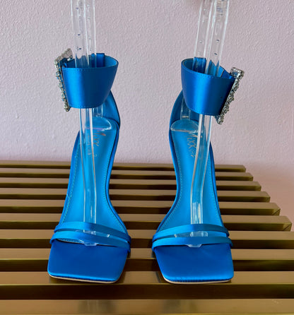 NAVI Royal Blue Satin Heels with Large Rhinestone Buckle Ankle Strap