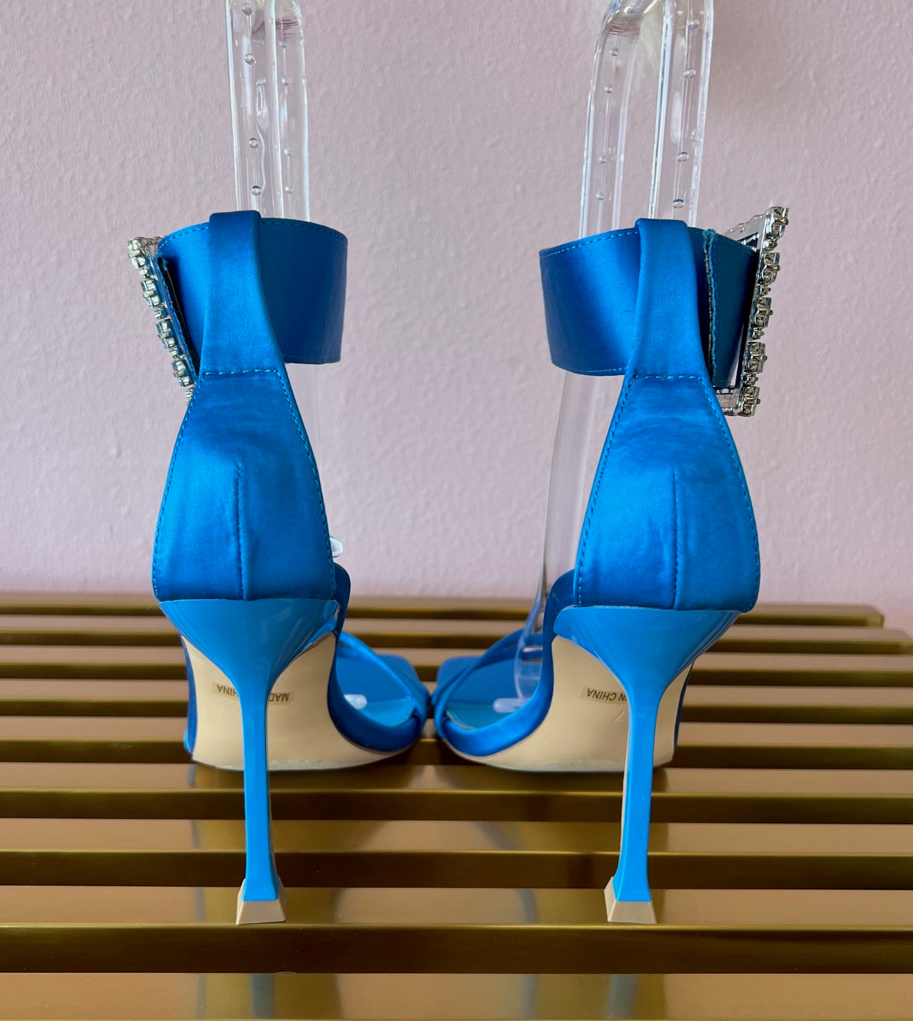 NAVI Royal Blue Satin Heels with Large Rhinestone Buckle Ankle Strap