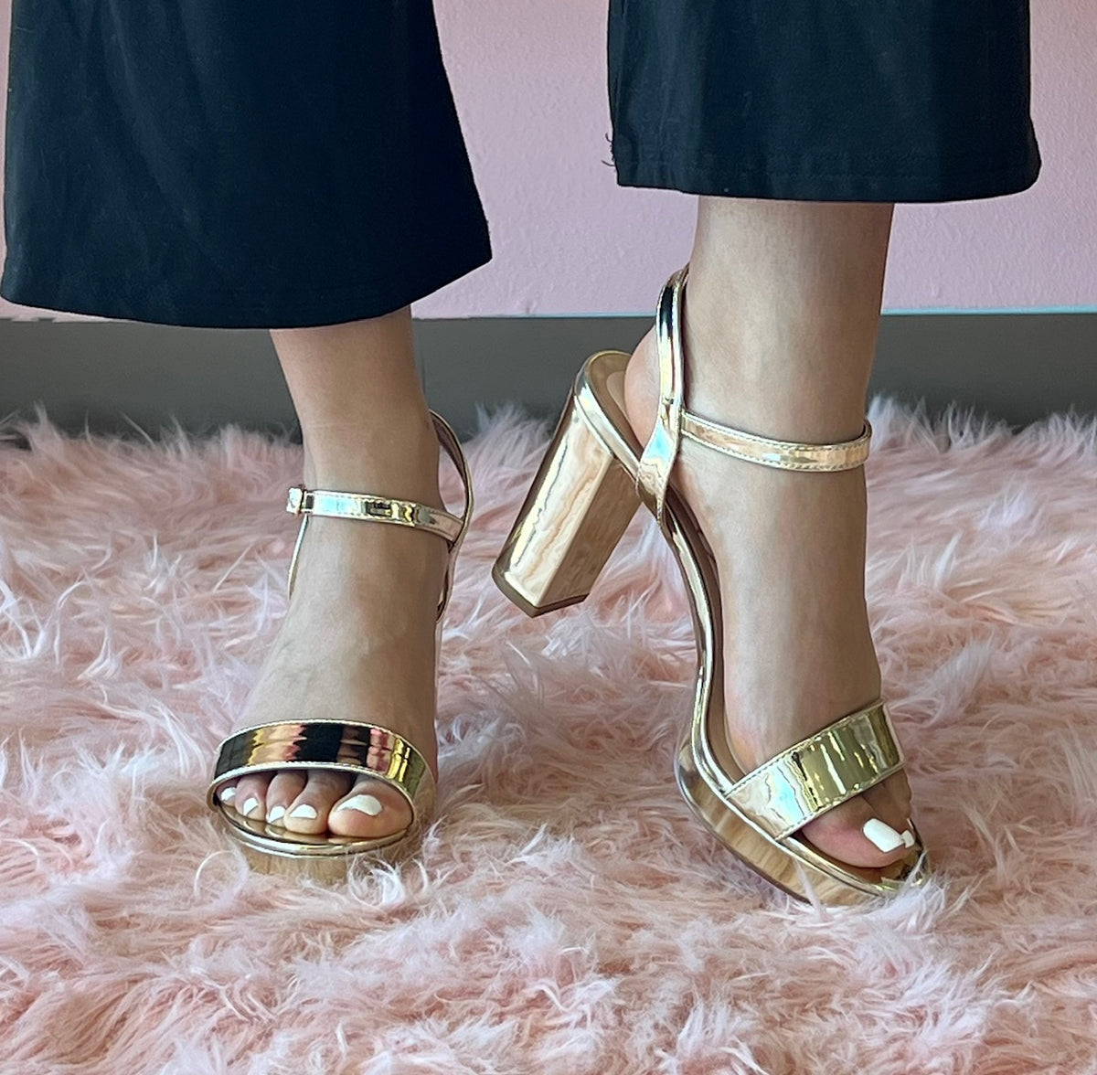 ADAIR S26 GOLD SHINY PLATFORM BLOCK HEEL WITH ANKLE STRAP