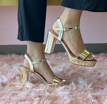 ADAIR S26 GOLD SHINY PLATFORM BLOCK HEEL WITH ANKLE STRAP