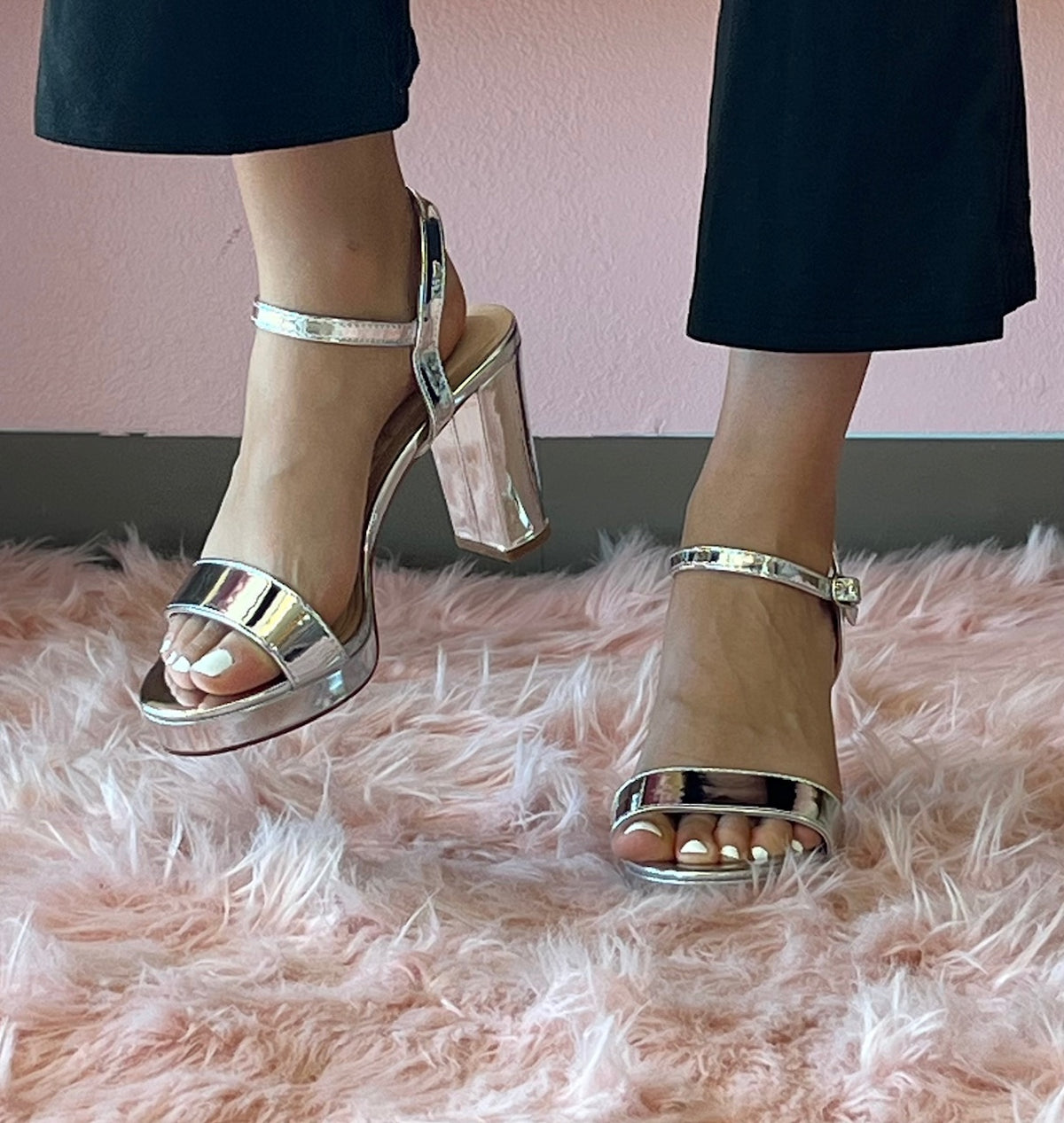 ADAIR S26 SILVER SHINY PLATFORM BLOCK HEEL WITH ANKLE STRAP