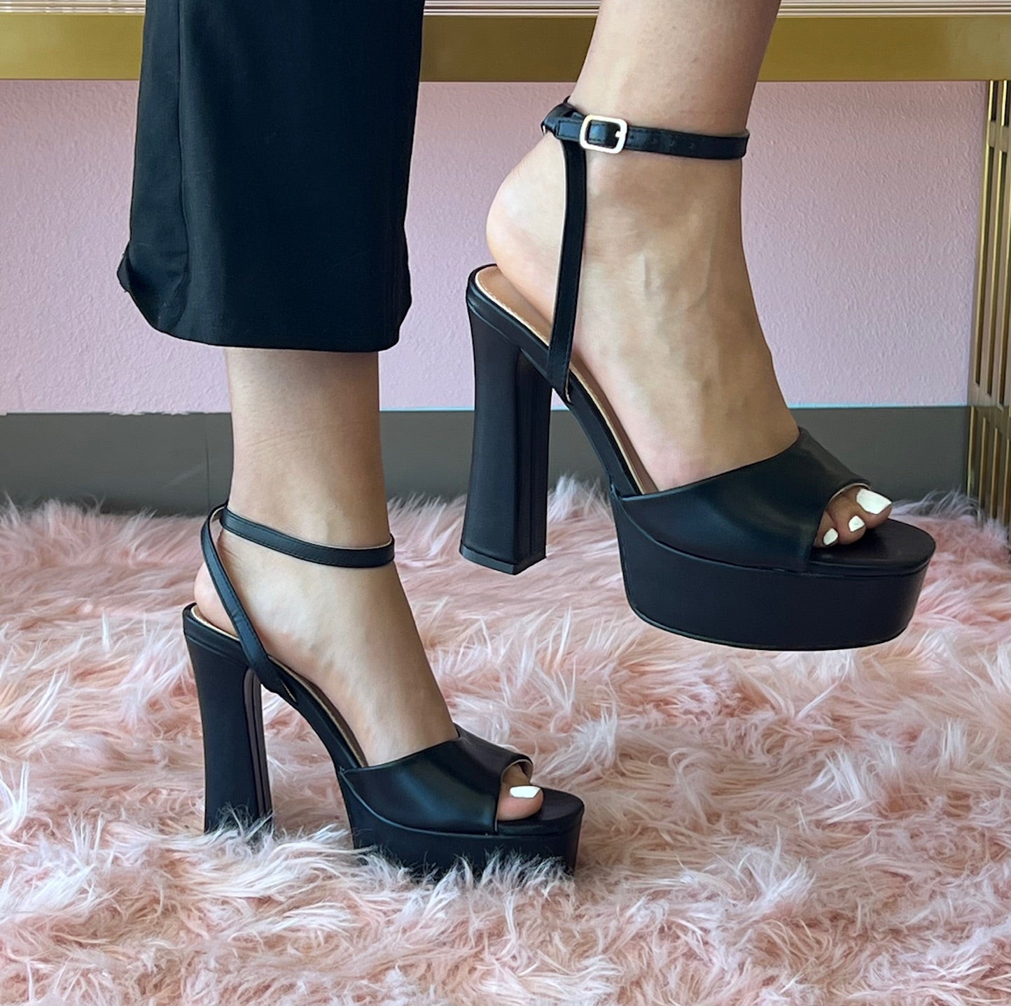 DELLA N25 BLACK Faux Leather Platform Heel - Ankle Strap with Adjustable Buckle