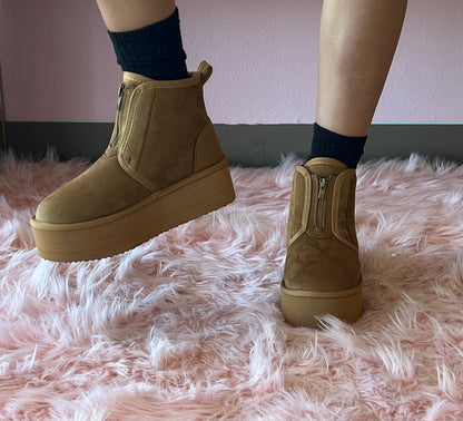 MIANE Camel Tan Faux Suede Zip Up Bootie - Faux Fur Lining