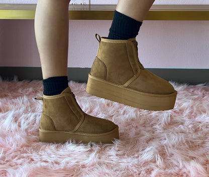 MIANE Camel Tan Faux Suede Zip Up Bootie - Faux Fur Lining