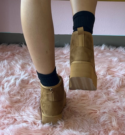 MIANE Camel Tan Faux Suede Zip Up Bootie - Faux Fur Lining