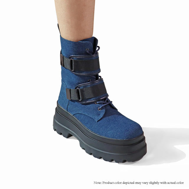 JADED-2

- Blue Denim
- Combat Biker Boot
- Lace Up
- Adjustable Straps
- Chunky Lug Sole  Heel, Approx. 3"
- Also Available in Black