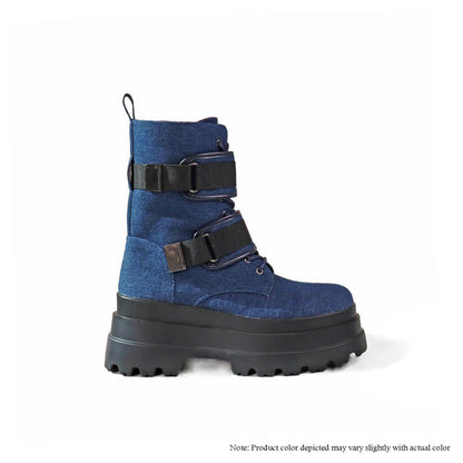JADED-2

- Blue Denim
- Combat Biker Boot
- Lace Up
- Adjustable Straps
- Chunky Lug Sole  Heel, Approx. 3"
- Also Available in Black