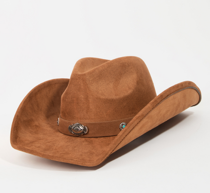 JOHANNA TAN FAUX SUEDE COWBOY HAT WITH SILVER AND TURQUOISE BAND DESIGN