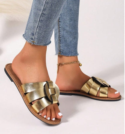 LATTE GOLD FAUX LEATHER FLAT SLIP ON SLIDE ROUND OPEN TOE SANDAL WITH MODERN WOVEN GEOMETRIC DESIGN  RUNS SLIGHTLY WIDE