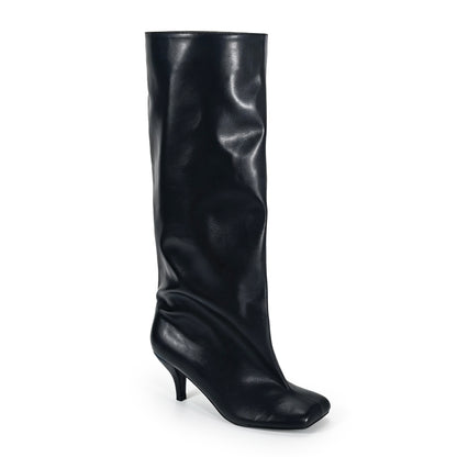 LIMA-1 BLACK FAUX LEATHER SHORT HEEL KNEE BOOT WITH WIDE SHAFT AND MOD SQUARE TOE