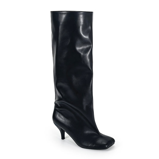 LIMA-1 BLACK FAUX LEATHER SHORT HEEL KNEE BOOT WITH WIDE SHAFT AND MOD SQUARE TOE