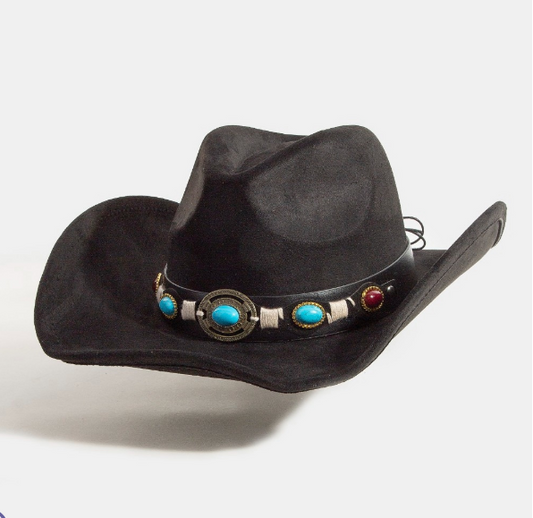 LAREDO BLACK FAUX SUEDE COWBOY HAT WITH FAUX LEATHER BAND COVERED IN TURQUOISE AND RED COLED STONES