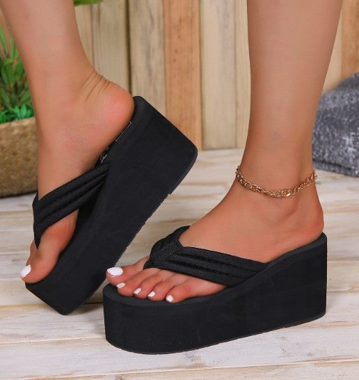 HOTNESS BLACK SPLIT TOE THONG FOAM BOTTOM WEDGE MULE SANDAL