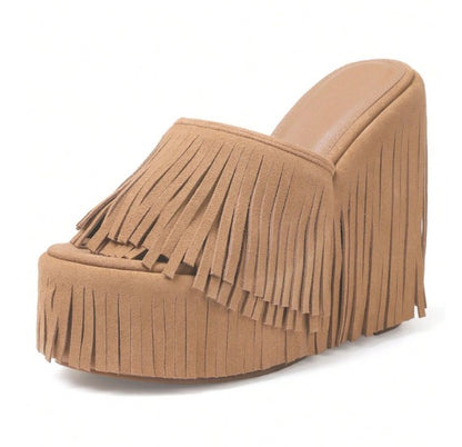 MAJA TAN FAUX SUEDE PLATFORM SLIP ON MULE WEDGE SANDAL WITH ALL OVER FRINGE