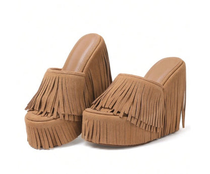 MAJA TAN FAUX SUEDE PLATFORM SLIP ON MULE WEDGE SANDAL WITH ALL OVER FRINGE