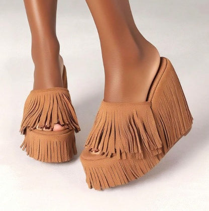 MAJA TAN FAUX SUEDE PLATFORM SLIP ON MULE WEDGE SANDAL WITH ALL OVER FRINGE