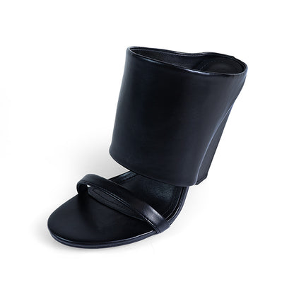 MAVERICK-1 BLACK MODERN EDGY CUT-OUT WEDGE OPEN TOE SLIP ON MULE SANDAL