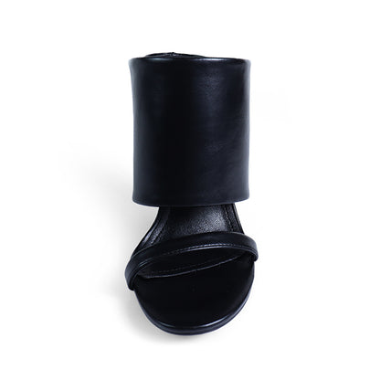 MAVERICK-1 BLACK MODERN EDGY CUT-OUT WEDGE OPEN TOE SLIP ON MULE SANDAL