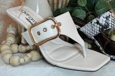 MERASA-13 White Stone Kitten Heel Split Toe Black Faux Leather - Slip On - Square Open Toe