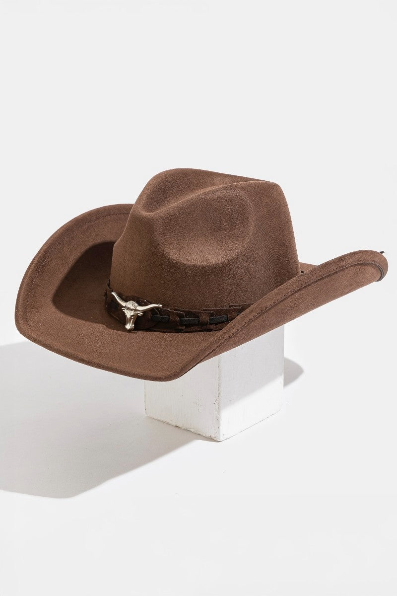 HOMESTEAD BROWN FAUX SUEDE COWBOY HAT WITH BULL DETAIL