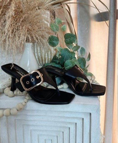 MERASA-13 Black Kitten Heel Split Toe Black Faux Leather - Slip On - Square Open Toe