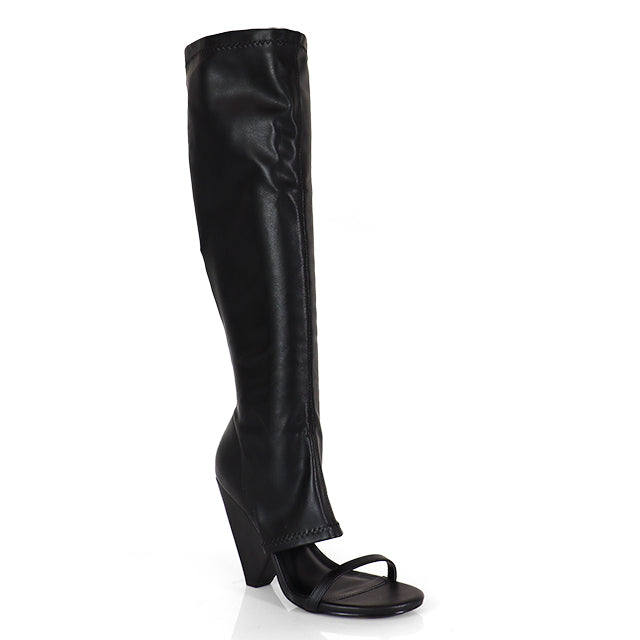 NANO-11 BLACK CUT OUT WEDGE OPEN ROUND TOE KNEE BOOT