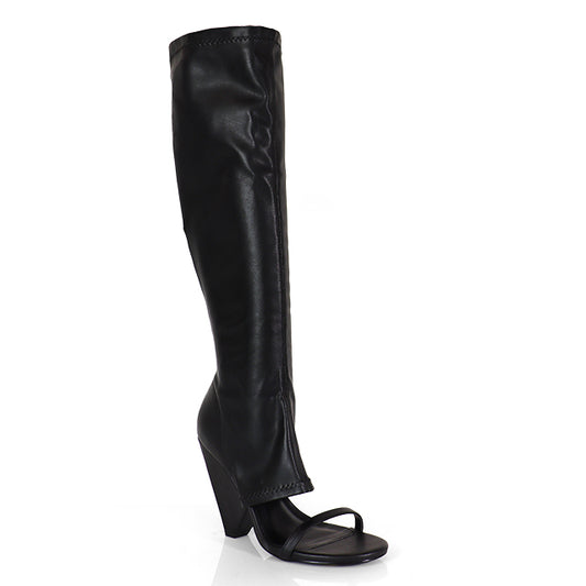 NANO-11 BLACK CUT OUT WEDGE OPEN ROUND TOE KNEE BOOT