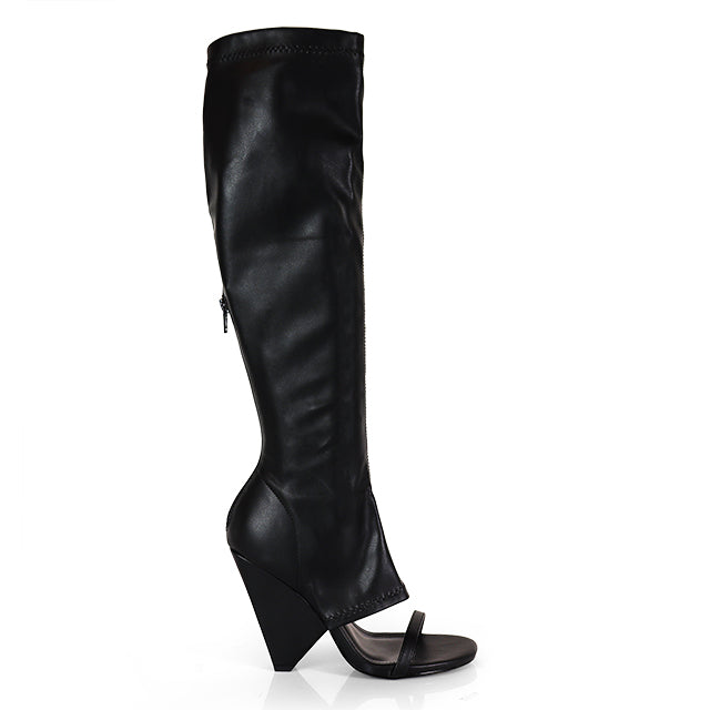 NANO-11 BLACK CUT OUT WEDGE OPEN ROUND TOE KNEE BOOT