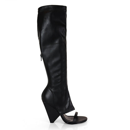 NANO-11 BLACK CUT OUT WEDGE OPEN ROUND TOE KNEE BOOT