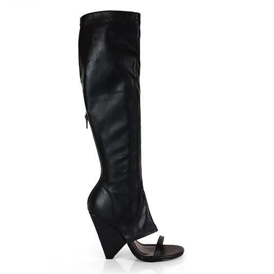 NANO-11 BLACK CUT OUT WEDGE OPEN ROUND TOE KNEE BOOT