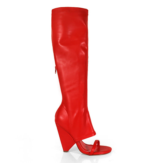 NANO-11 RED CUT OUT WEDGE OPEN ROUND TOE KNEE BOOT