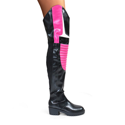 NORRIS-1 Pink/Black Faux Leather Over Knee Moto Boot  - Motorcycle Styling Detail